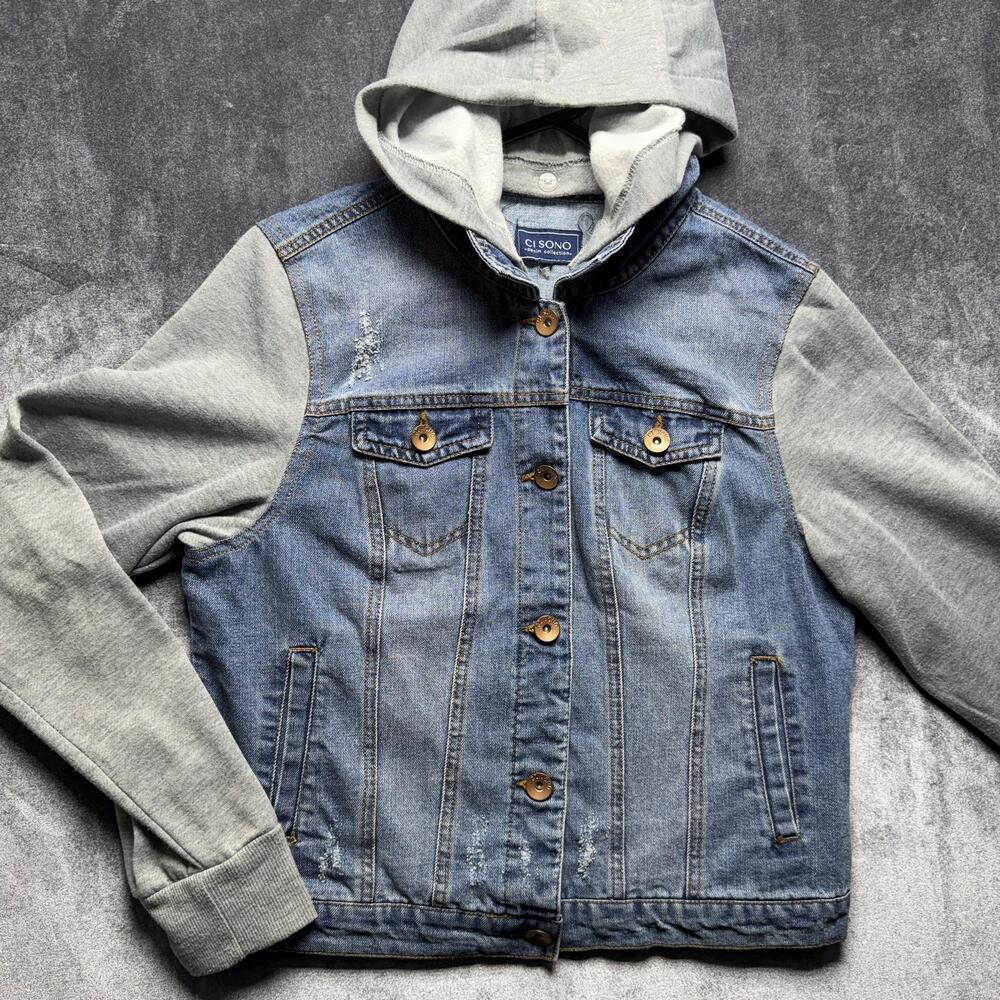 CI SONO Denim Jacket XL Hooded Gray Sleeve Blue Casual Layering Pockets
